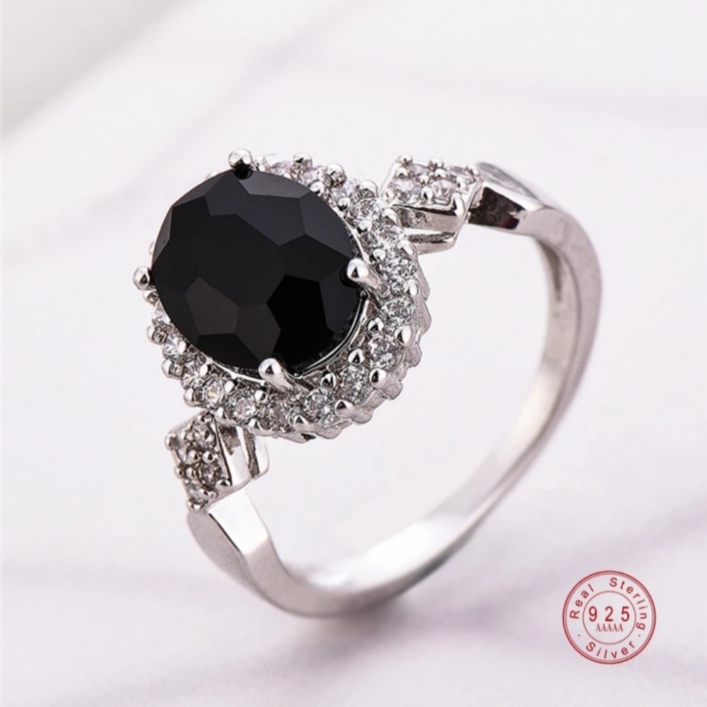 New 925 sterling silver round black CZ crystal rin